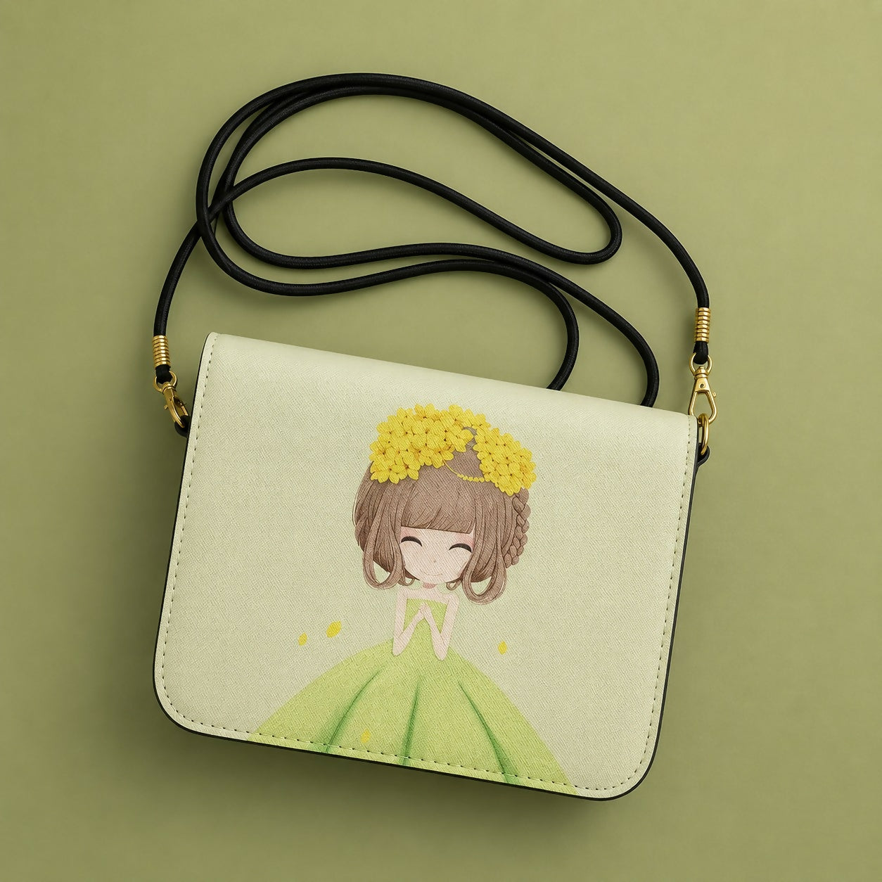 Back view of green cartoon princess sling bag