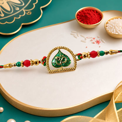 Divine Rakhi with Om Arch Plaque, leaf detail and display look for Festive Display