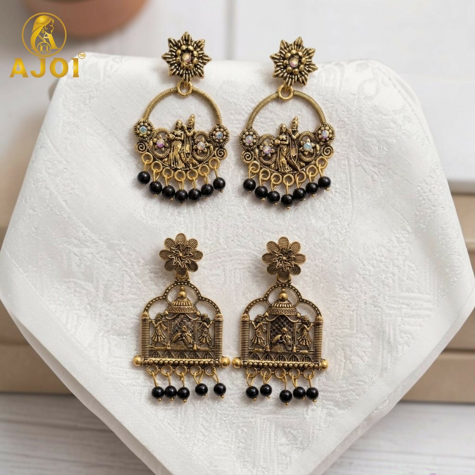 Antique Temple Radha Krishna Earrings with Black Beads (2 Pair Set)
