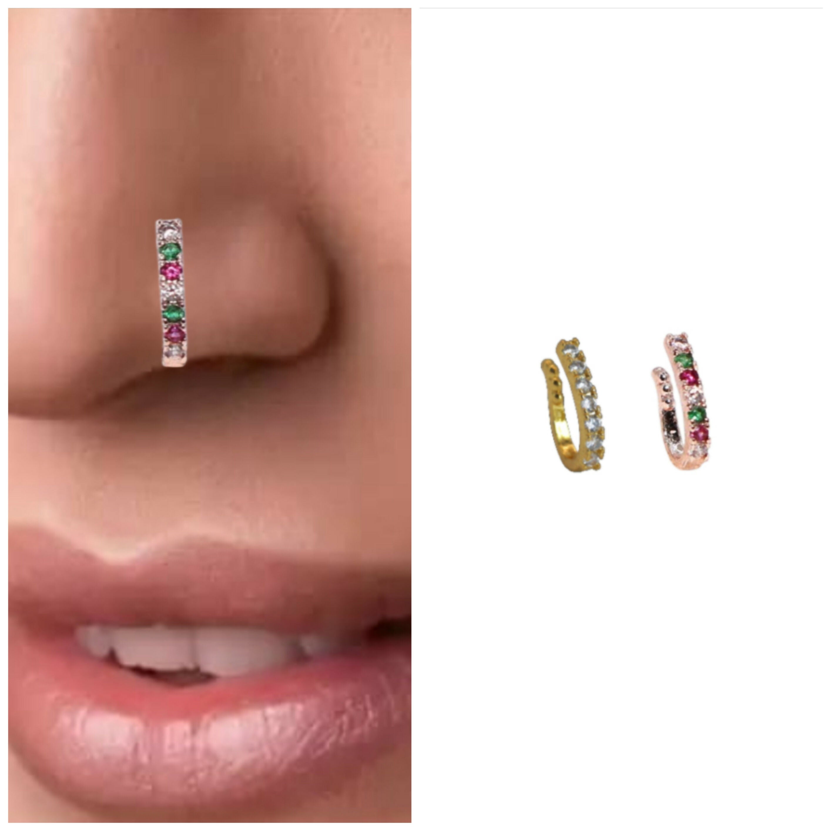 2 Pcs Non-Piercing CZ Nose Clip Set - Flower & Pave Hoop