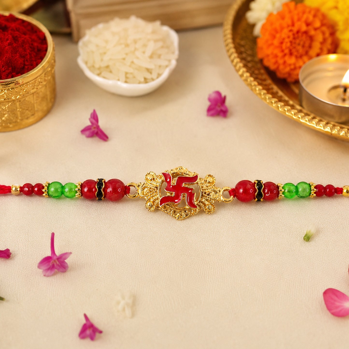 Soft thread of Swastik Symbol Rakhi shown