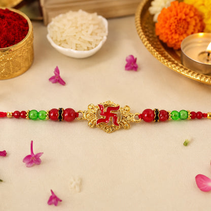 Soft thread of Swastik Symbol Rakhi shown
