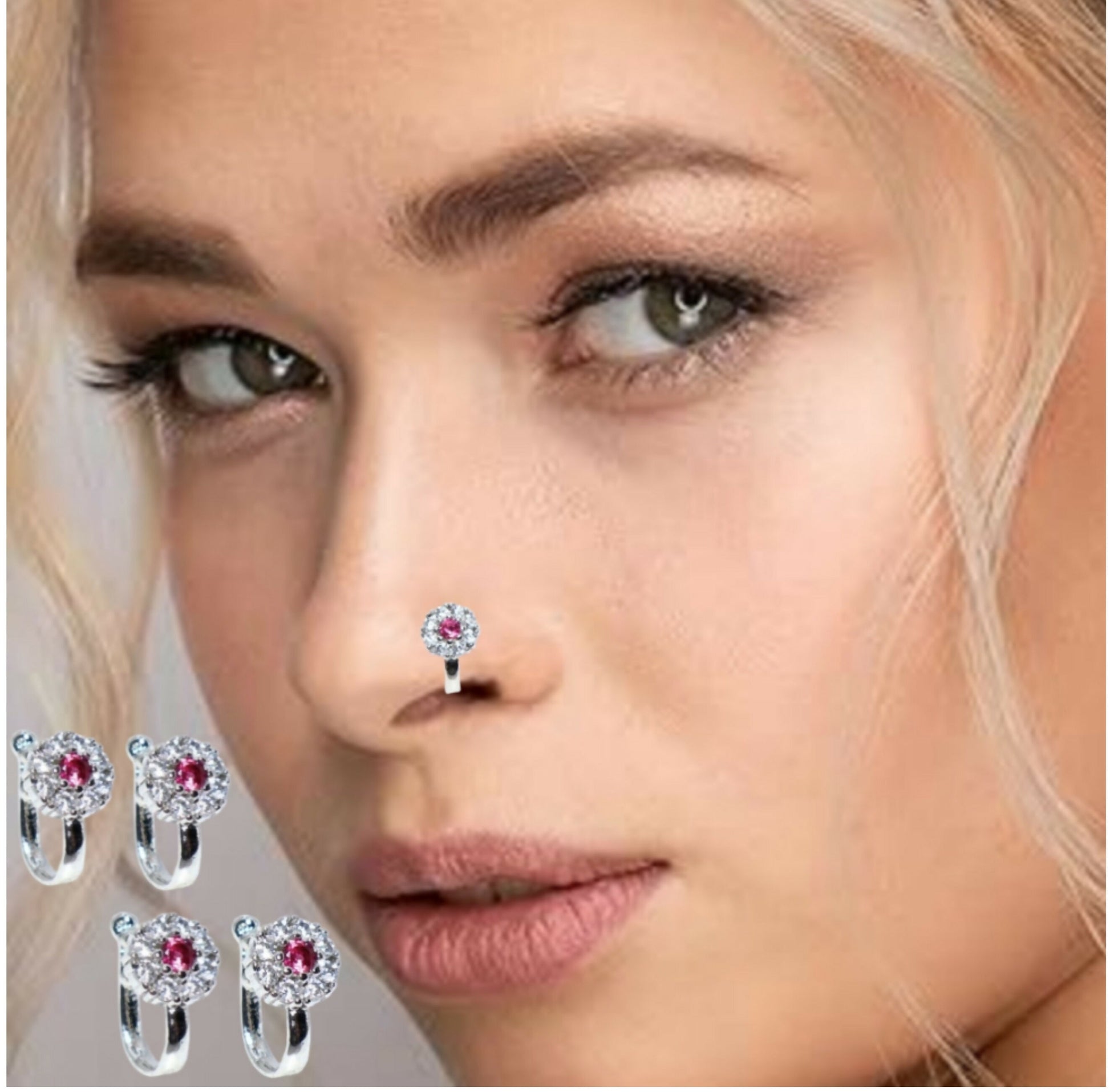 Rose Gold Pink/White CZ Floral Non-Pierced Clip-On Nose Pin Combo Pack of 4