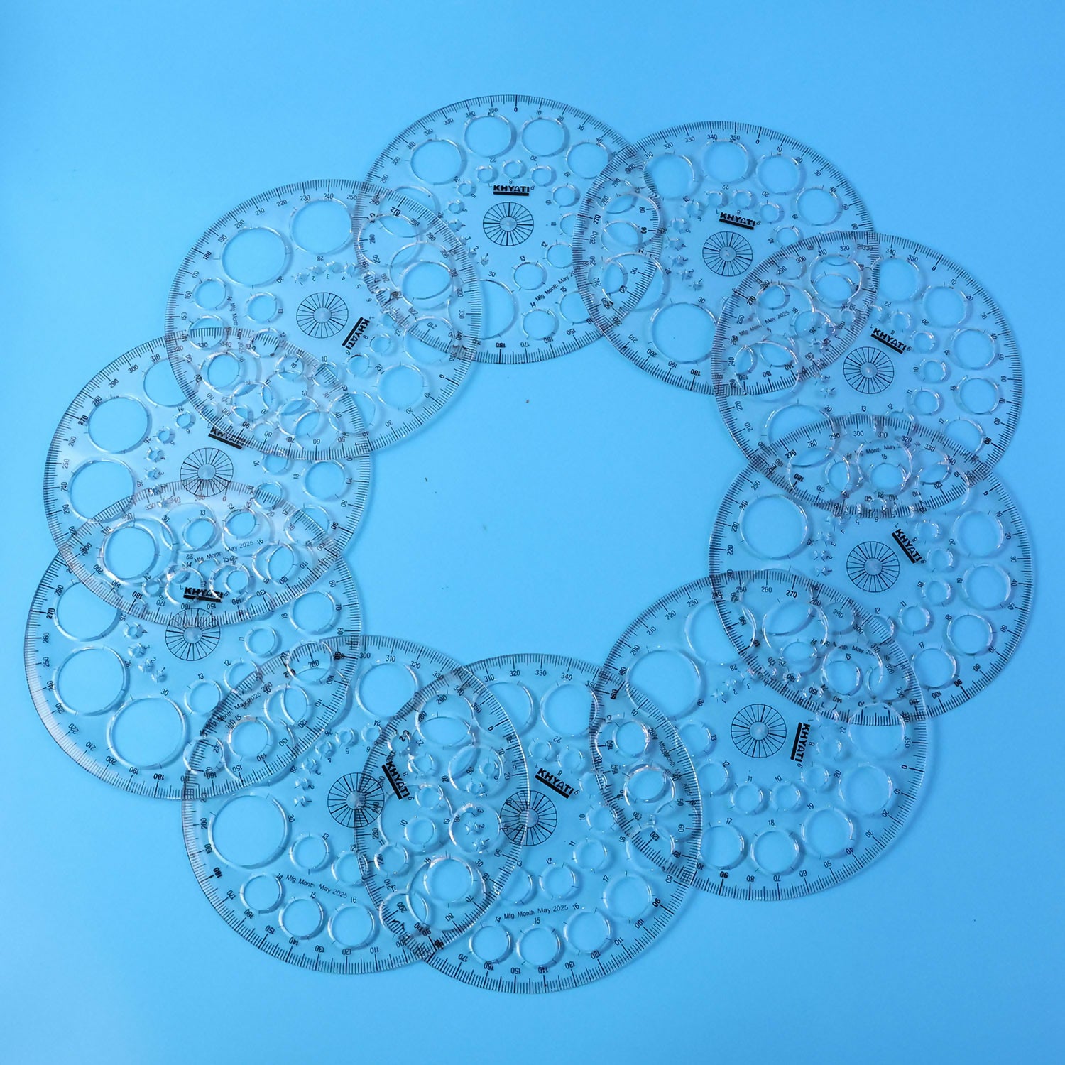 Multipurpose Big Circle Drawing Template Protractor Stencil for Geometry & Design Use (10Pcs)