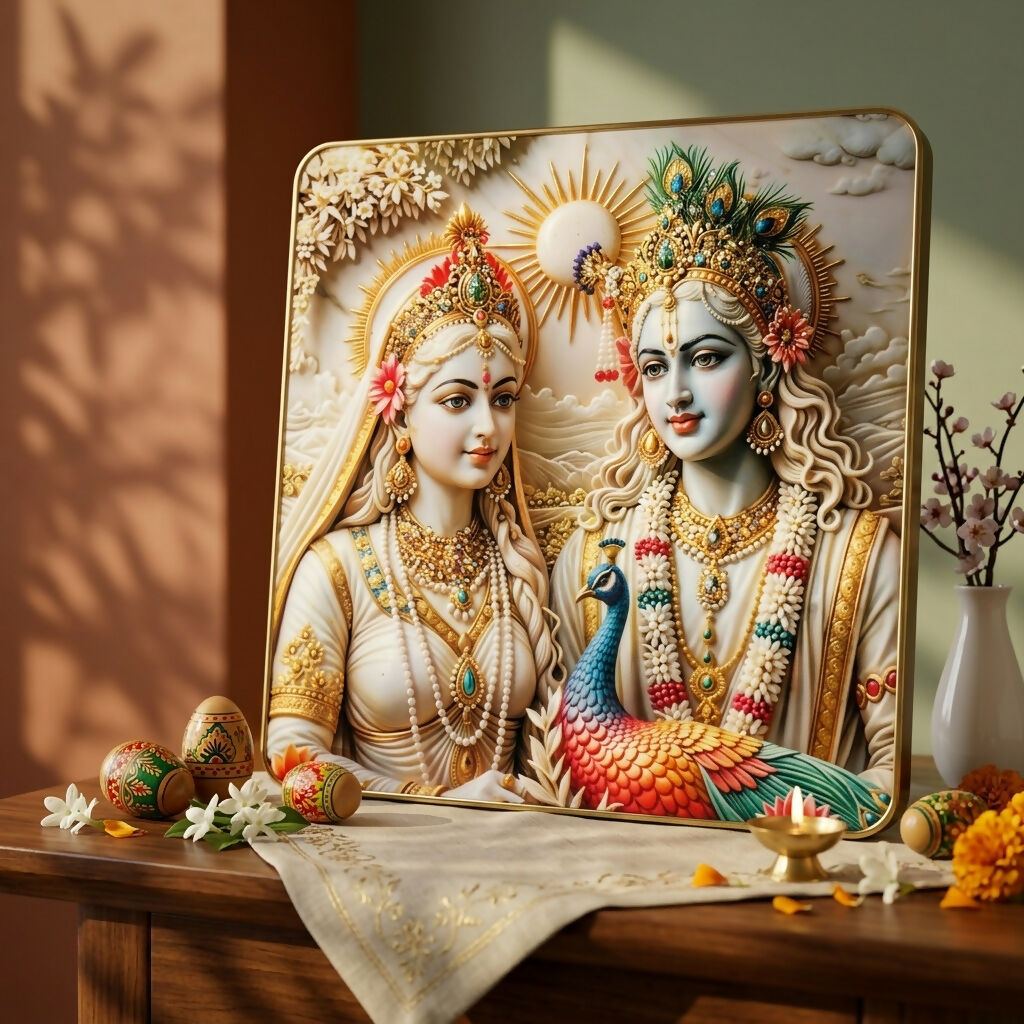 Close-up of embossed Radha Krishna figures in wall decor frame