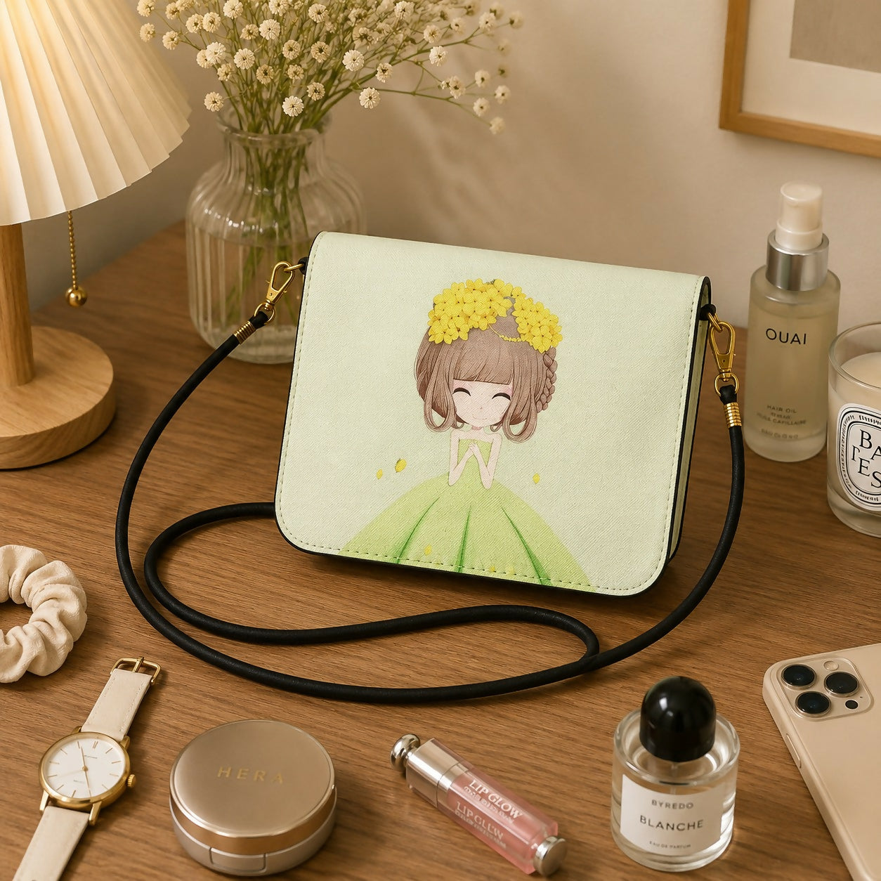 Green mini sling bag with princess print front view