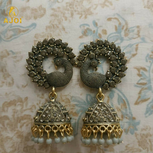 Antique Grey Peacock Design Jhumka Earrings