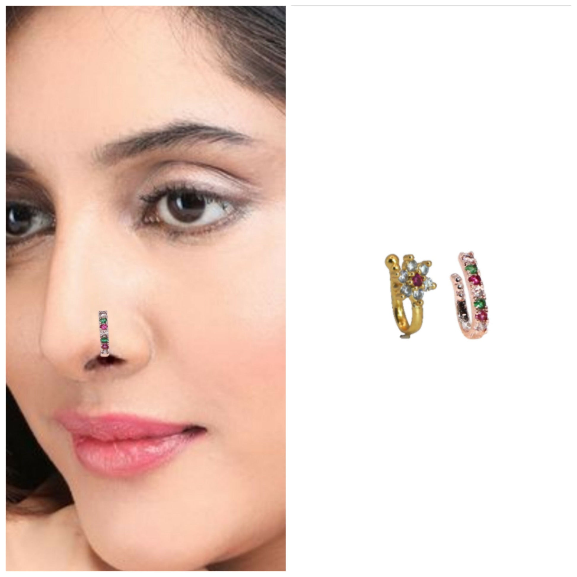 Elegant non-piercing CZ nose clip set featuring flower and pave hoop designs