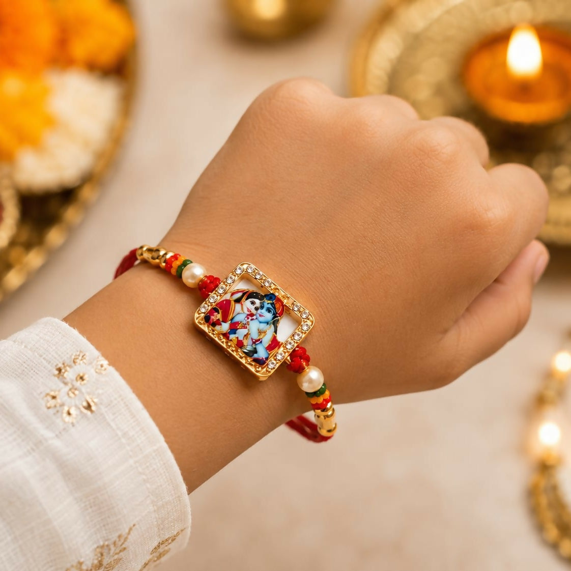A child's wrist wears a red thread bracelet featuring a gold-toned square Radha Krishna charm with a crystal border and