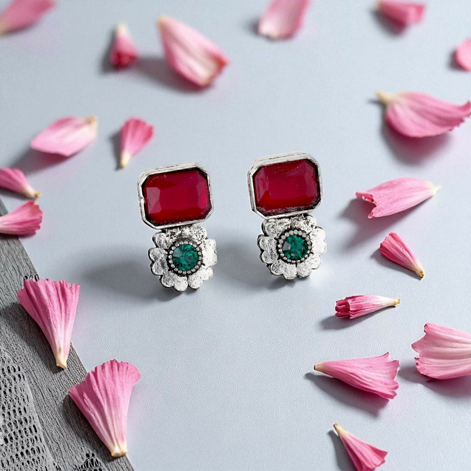 Dual-Tone Oxidized Choker Set with Pink and Green Stones