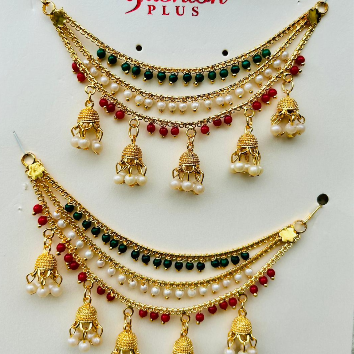 Traditional Gold Finish Tricolor Pearl Jhumki Designer Kanchain for Women