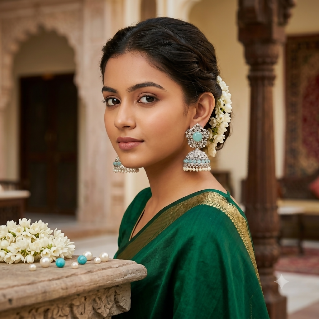 Traditional light blue jhumka earrings front view