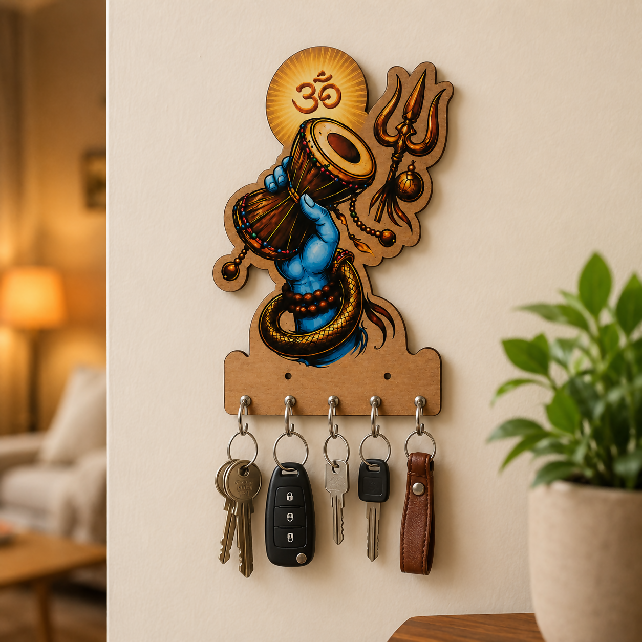 Mahadev wooden key holder with 5 hooks, front view