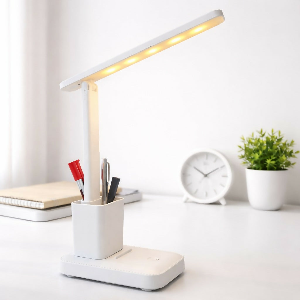 White LED Study Table Lamp with Pen Holder, Touch Control & 3 Light Modes