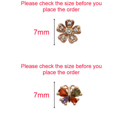Rose gold stud earrings featuring butterfly and floral designs with sparkling cubic zirconia