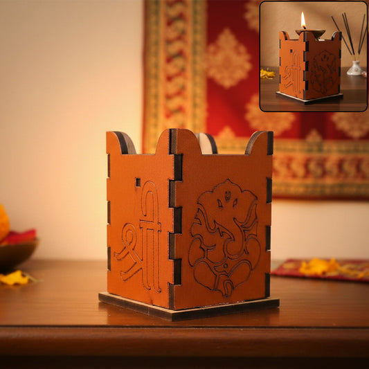 Ganesh Wooden Diya Stand | MDF Pooja Lamp for Diwali, Mandir & Gifting
