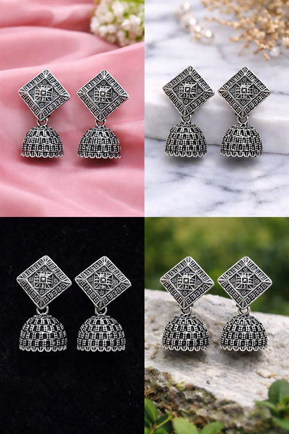 Oxidized Silver Floral Jhumka Earrings for Women – Traditional Ethnic Designer Jewelry