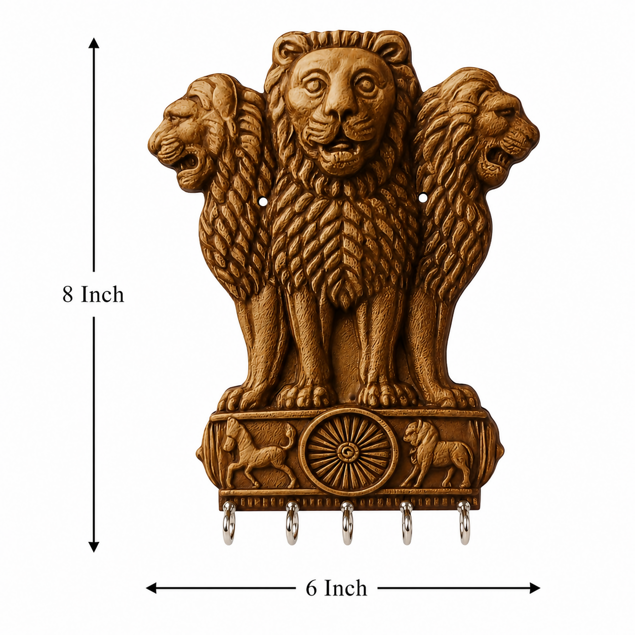 Side view of the wooden Ashoka Lion key holder showing hook depth