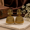 Antique Gold Lakshmi Jhumka Earrings with Pearl Drops – Traditional Temple Jewellery