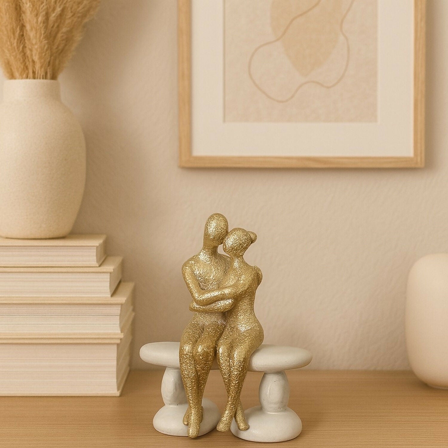 Golden Couple Sitting on Bench Showpiece for Home Decor & Romantic Gifting