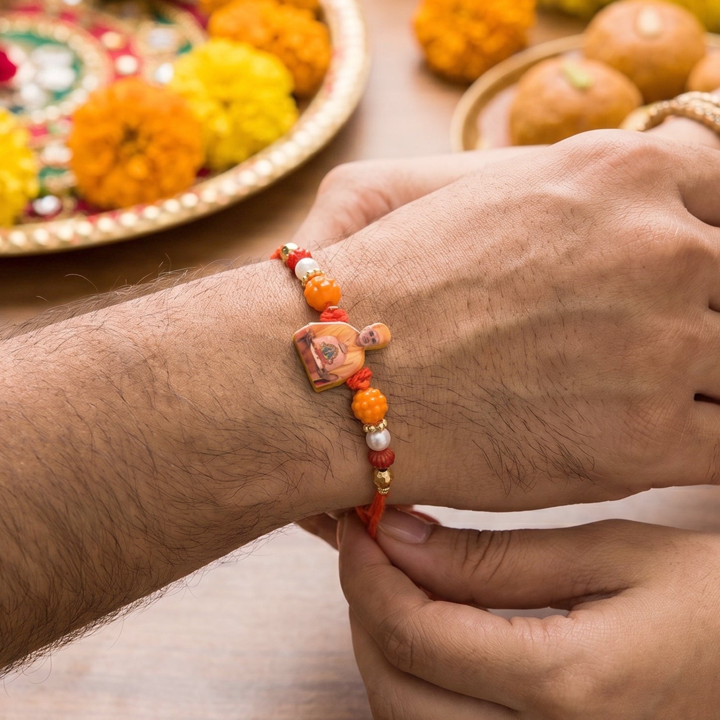 Close-up of traditional Rakhi thread with decorative details