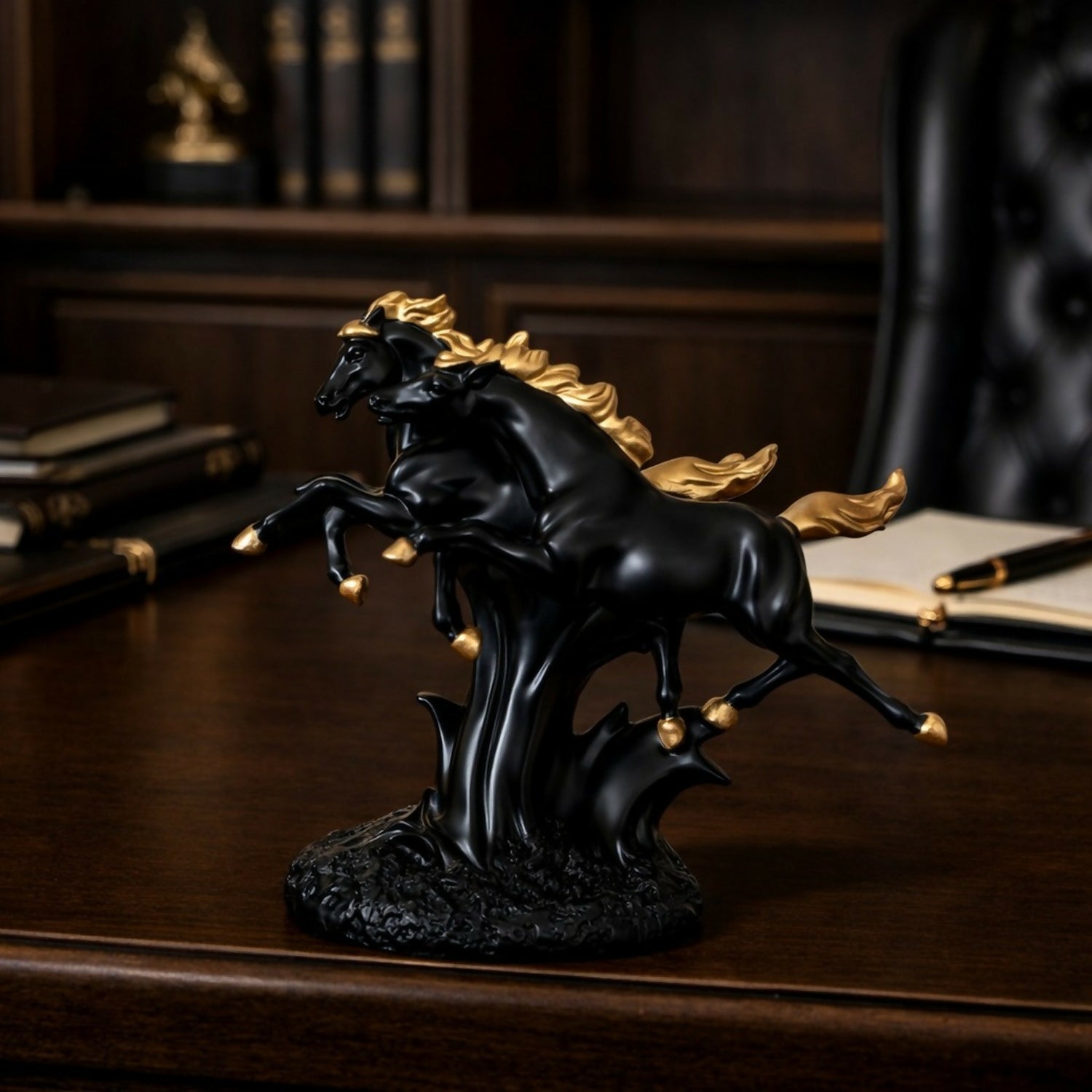 Double Black Horse Showpiece with Golden Mane for Home Decor | Lucky Horse Statue