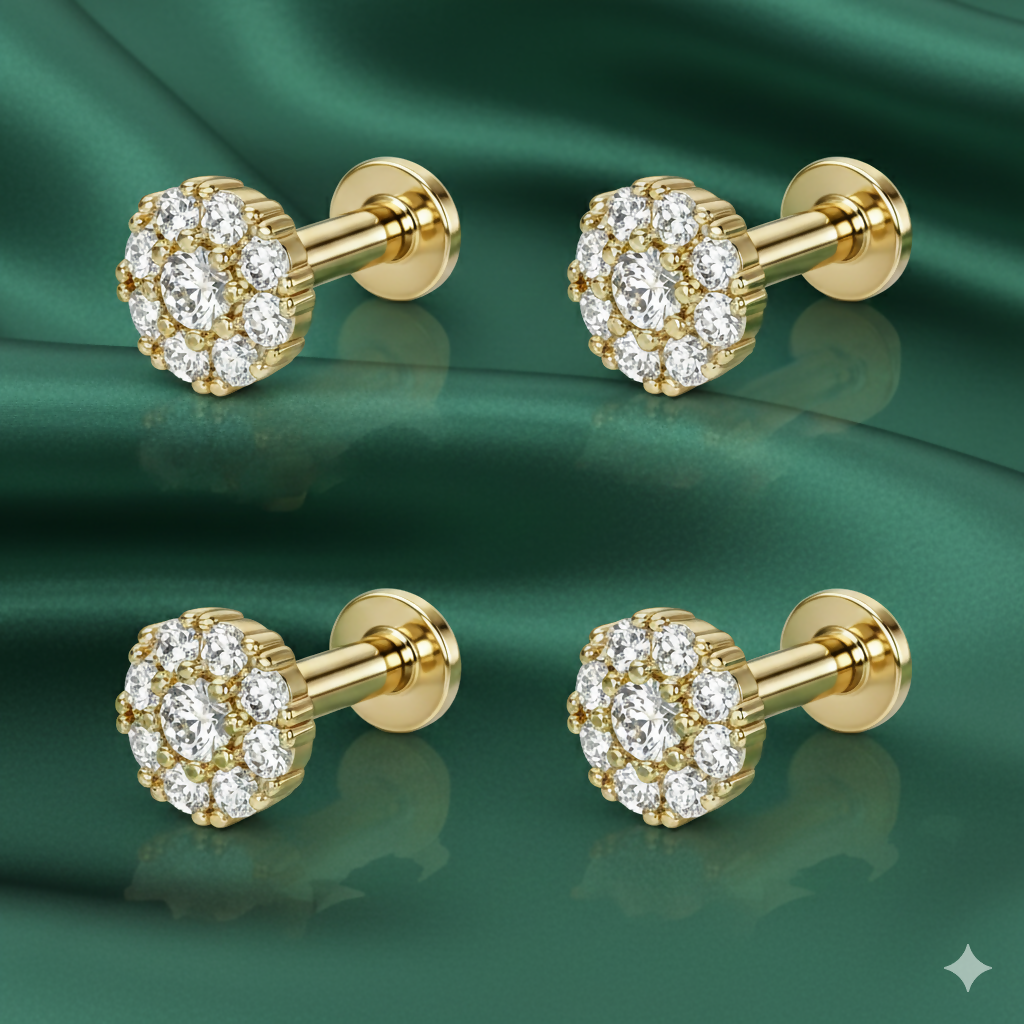 Gold pleated cluster stud earrings front view with pavé-set diamonds