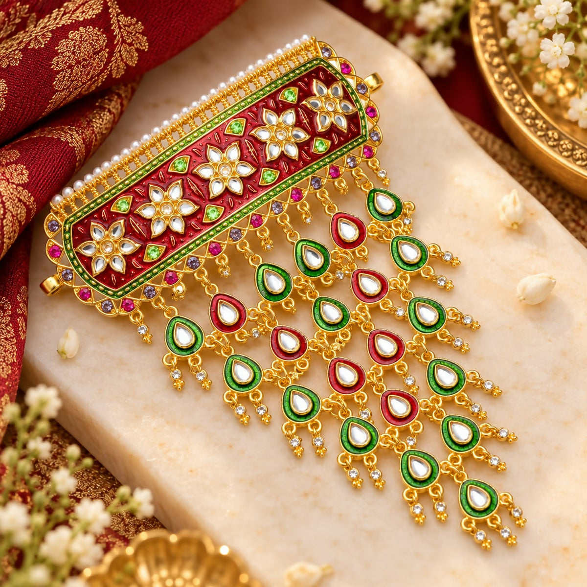 Traditional Rajasthani AAD Necklace with Red and Green Meenakari Floral Design and Multilayer Teardrop Danglers