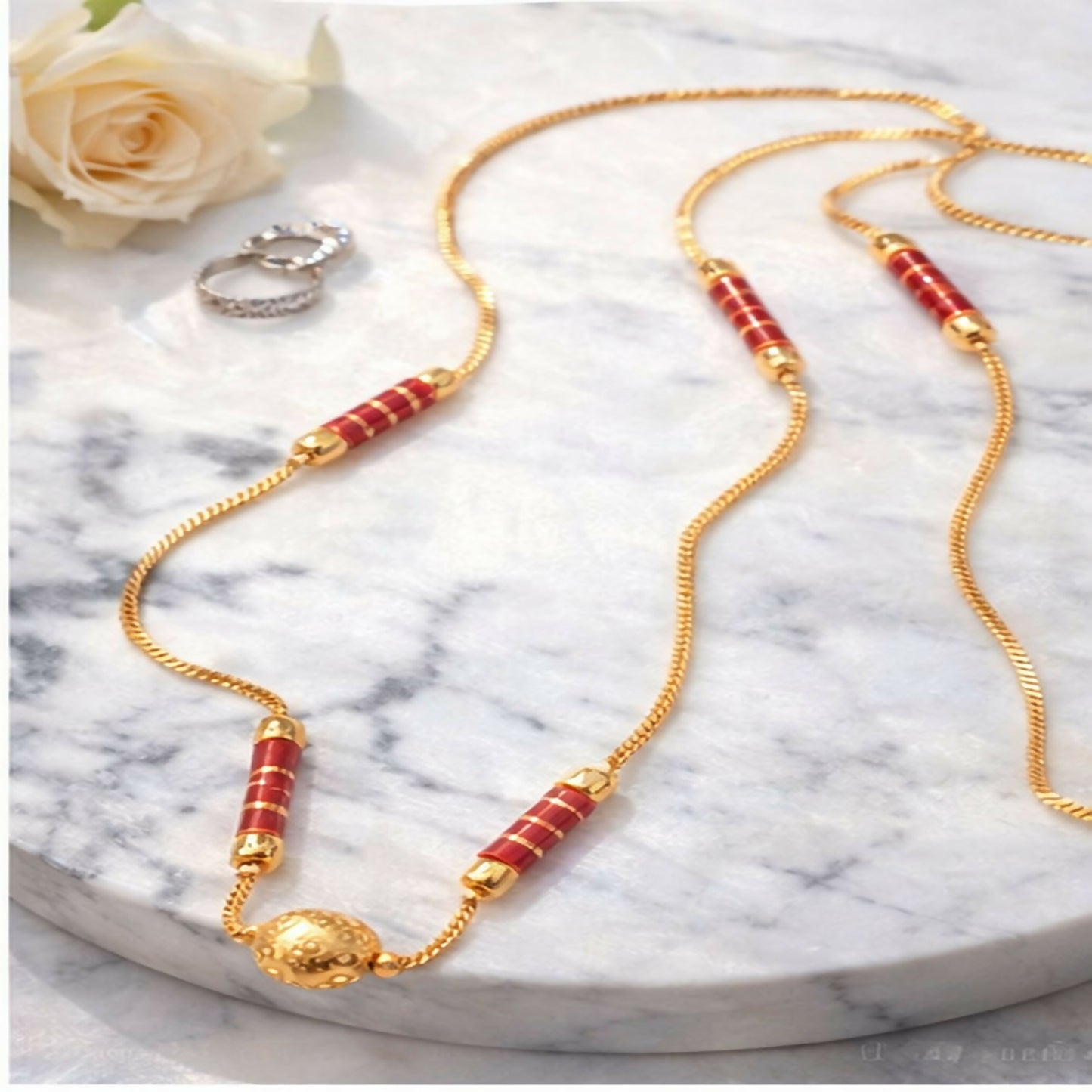 Elegant Gold Plated Designer Chain Necklace with Red Beads | Traditional & Daily Wear Necklace for Women