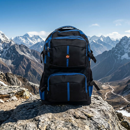 Rugged waterproof trekking backpack in black and blue for outdoor adventures