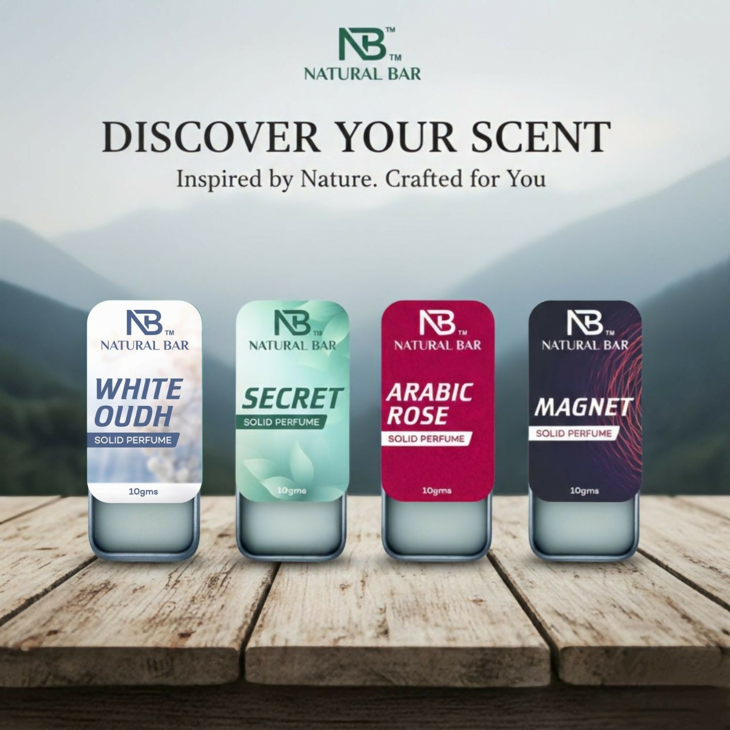 White Oud and Arabic Rose solid perfume collection featuring four compact 10gm pieces