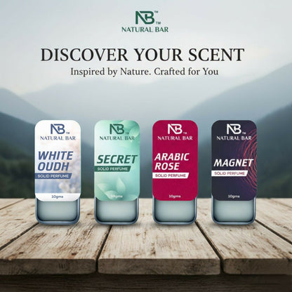 White Oud and Arabic Rose solid perfume collection featuring four compact 10gm pieces