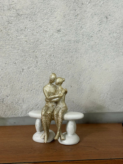 Golden Couple Sitting on Bench Showpiece for Home Decor & Romantic Gifting
