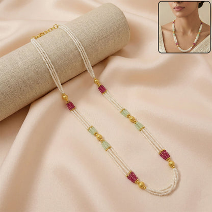 Traditional multi-strand mala necklace with pearl beads and gold accents