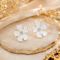 Elegant White Blossom Floral Stud Earrings for Women – Enamel Flower Statement Earrings with Crystal Center