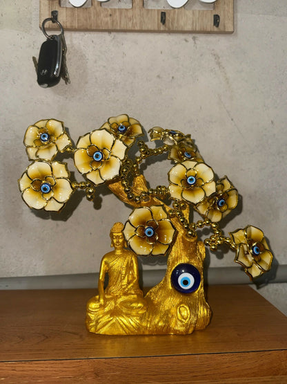Golden Buddha Tree Showpiece with Yellow Flowers & Evil Eye for Home Decor
