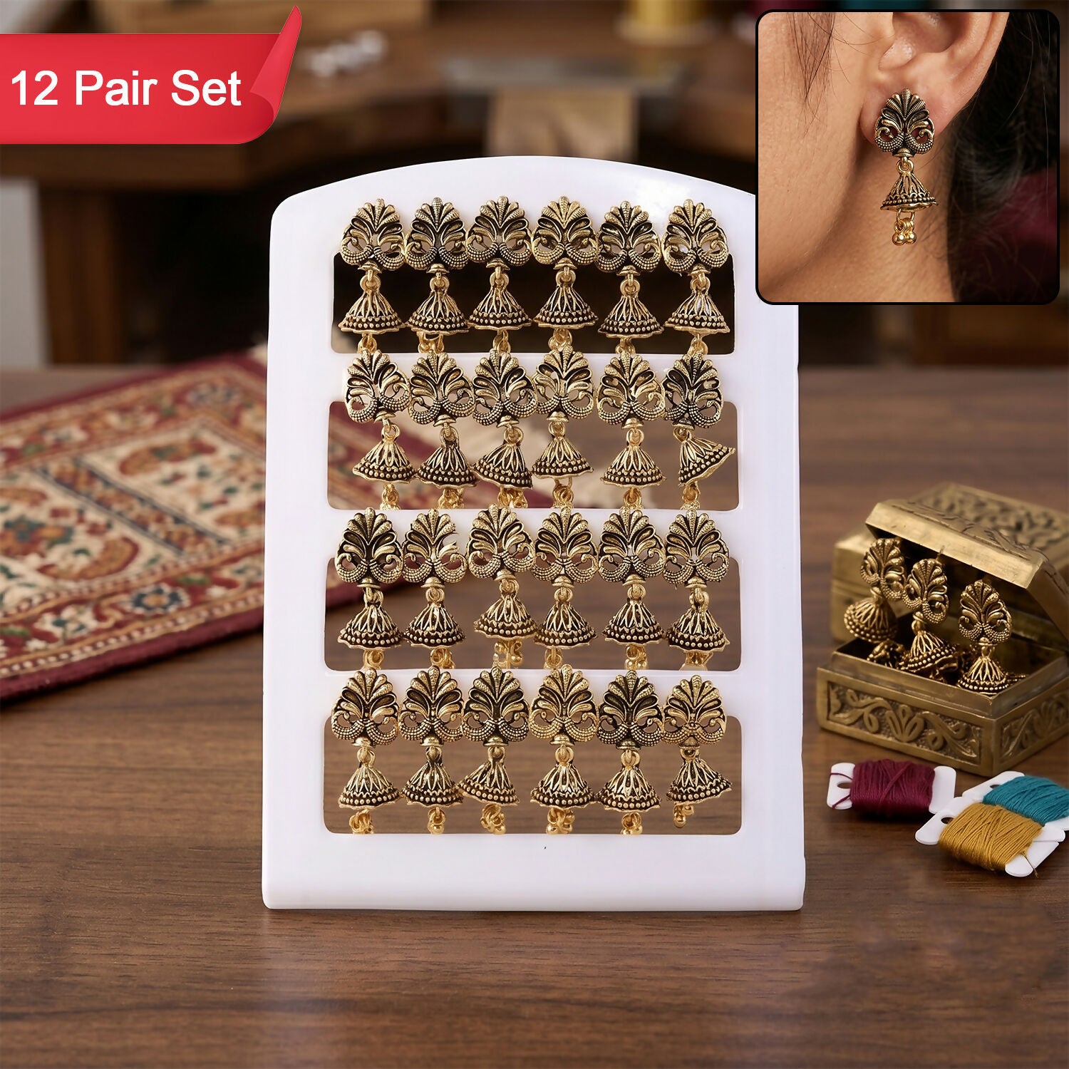 12 Pair Oxidised Peacock Design Jhumka Earrings Set for Women
