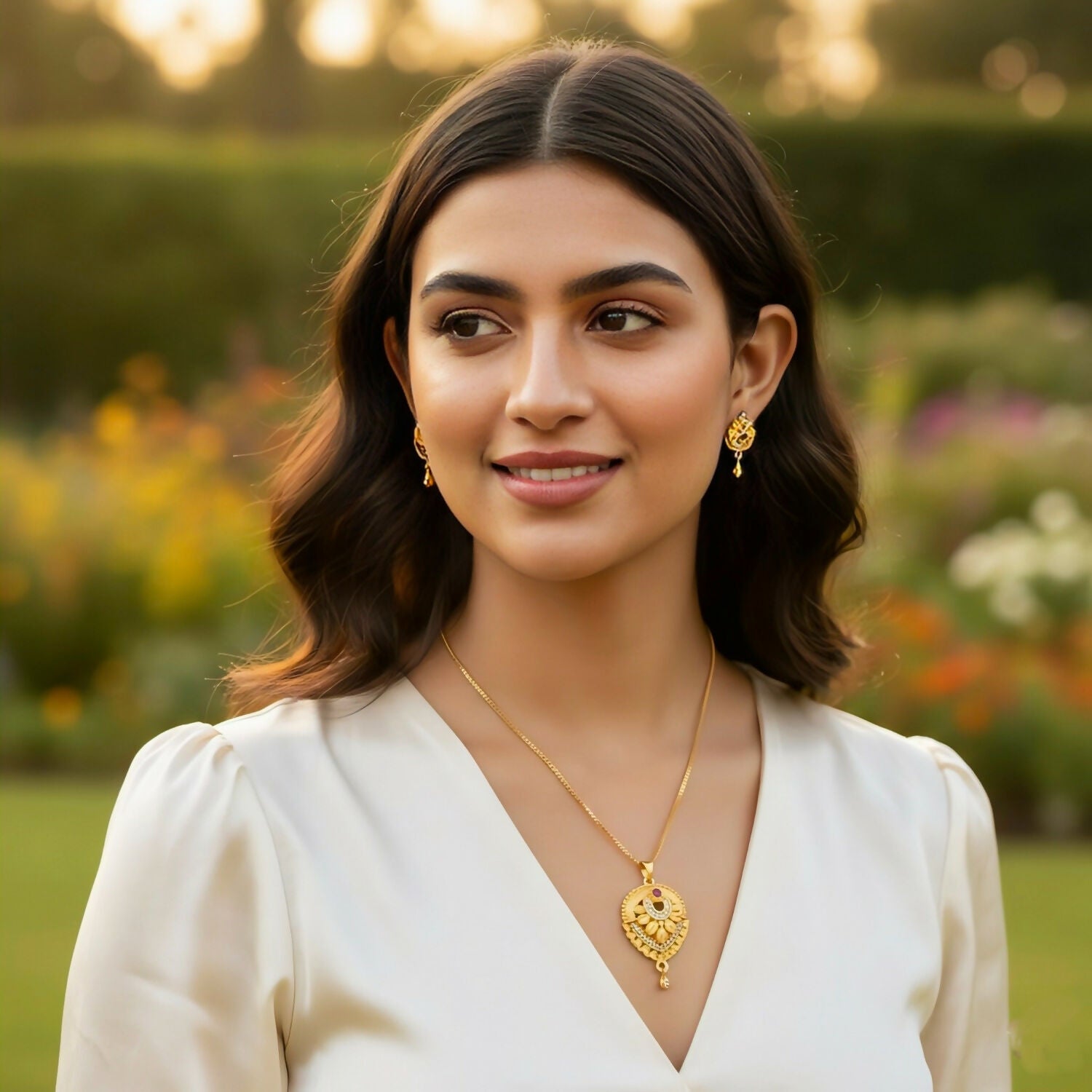 Gold Plated Floral Heart Pendant Necklace and Earring Set with Ruby & White Stone Accents