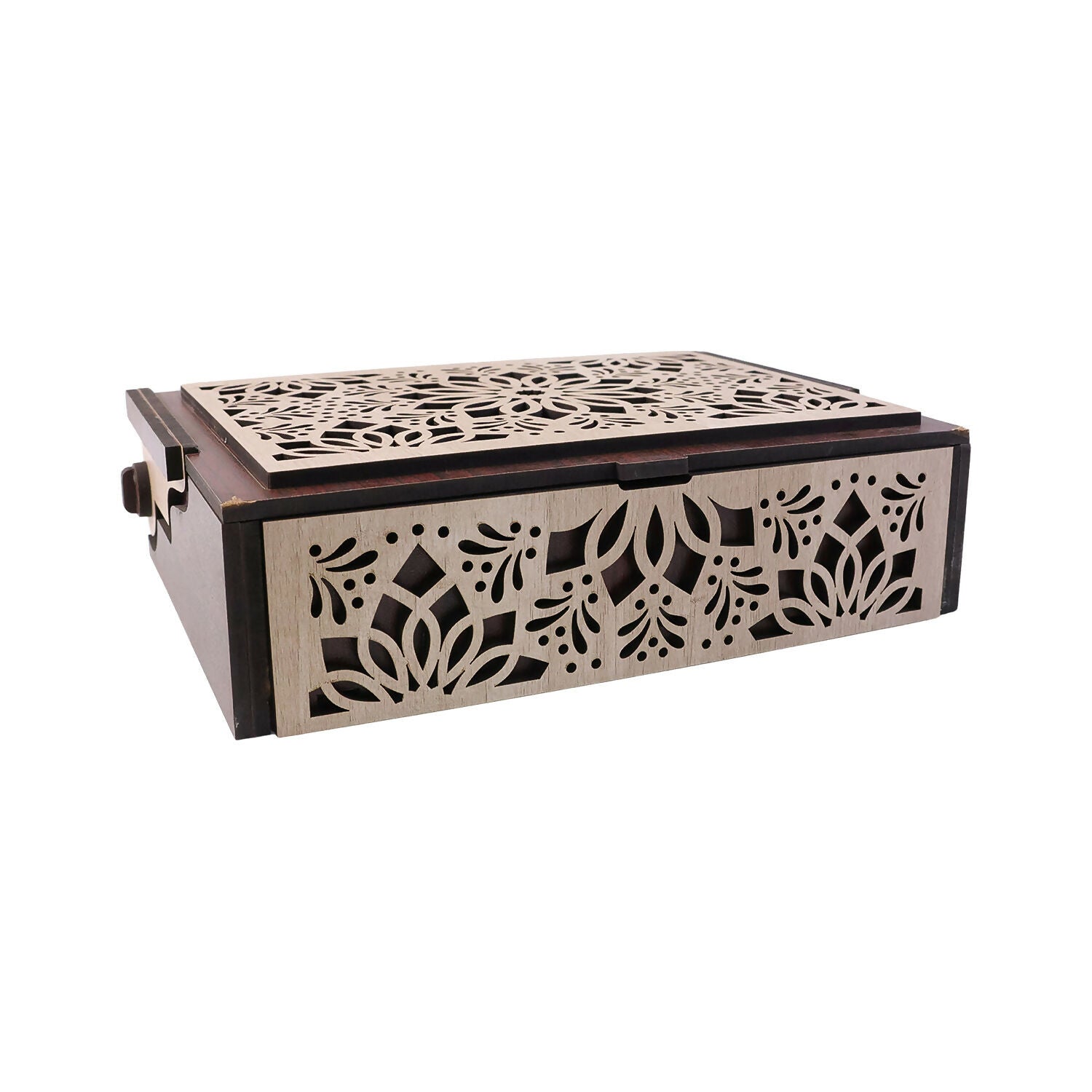 Side view of wooden dry fruit box showing hinged lid