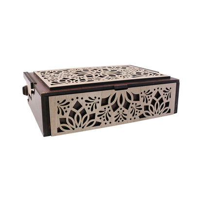 Side view of wooden dry fruit box showing hinged lid
