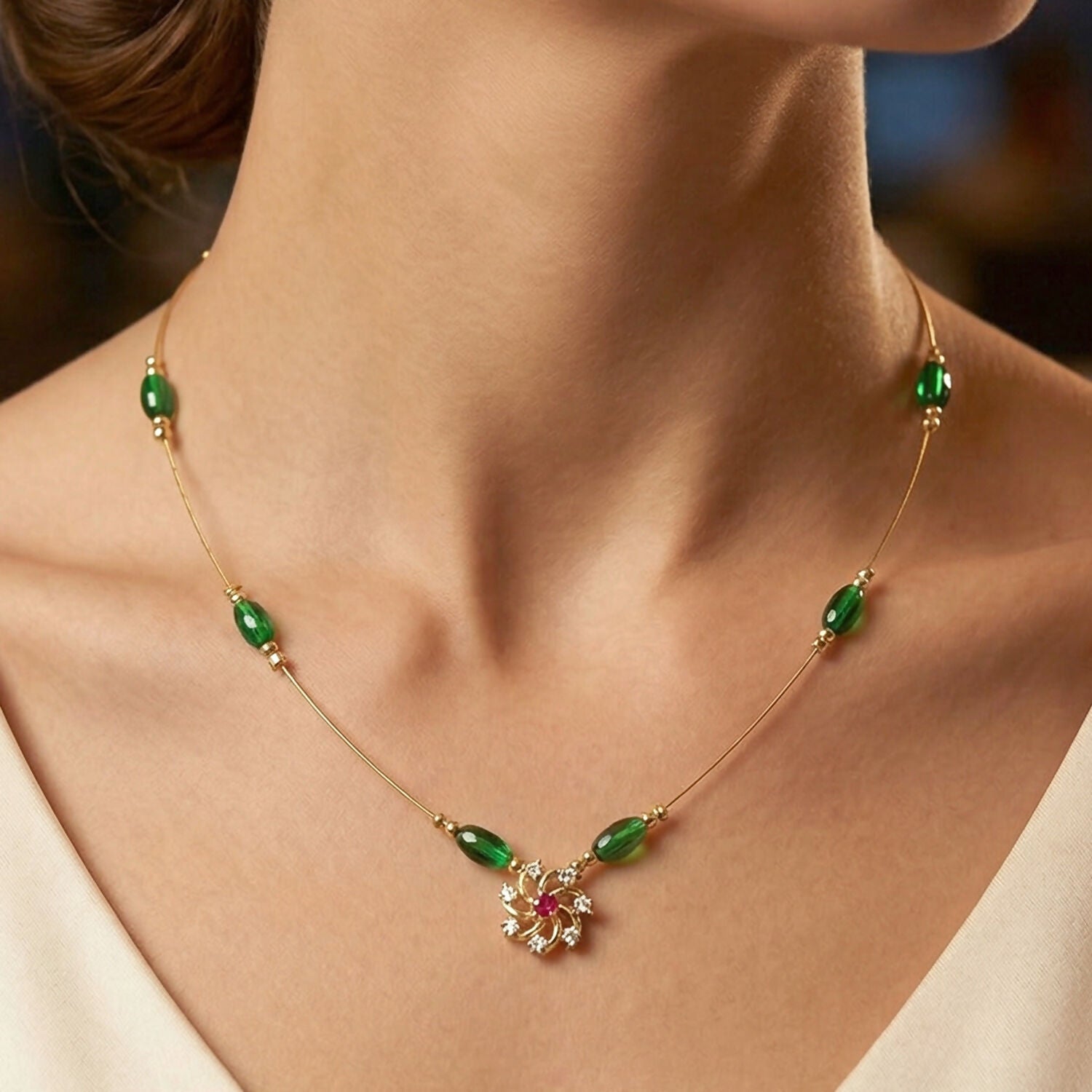 Floral Pendant Necklace with Multicolor Beads and Gemstone Design (3Pc/Set)