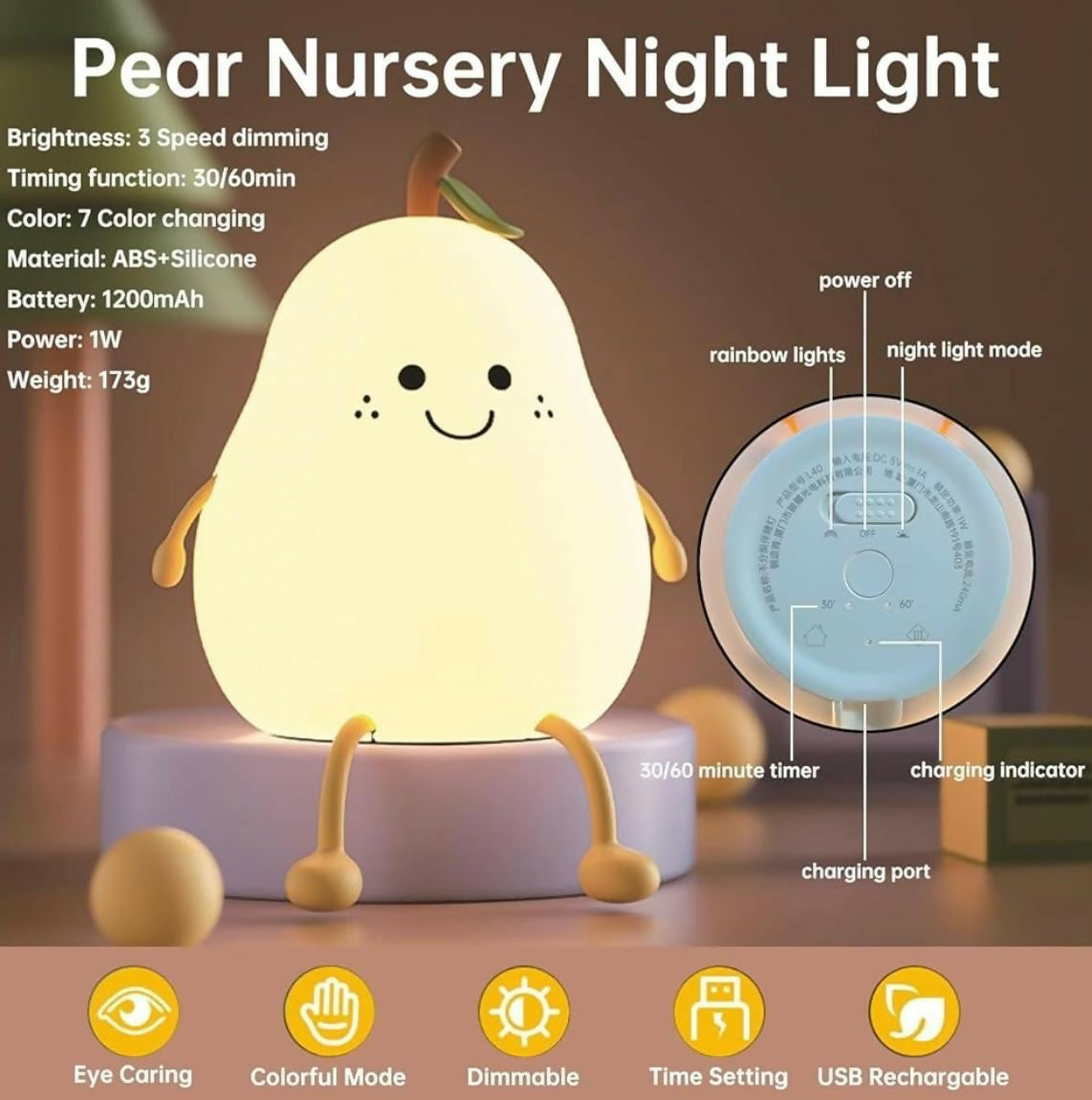 Cute Pear Silicone Night Lamp – Multi-Color LED Bedside Light for Kids Room