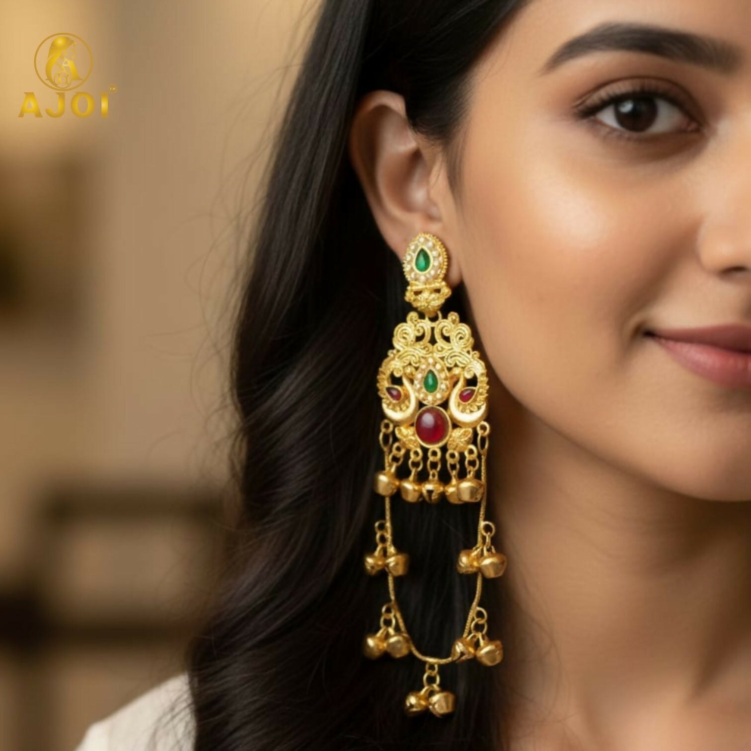 Green & Ruby Stone Kashmiri Traditional Gold-Plated Ghungroo Earrings For Women And Girls.