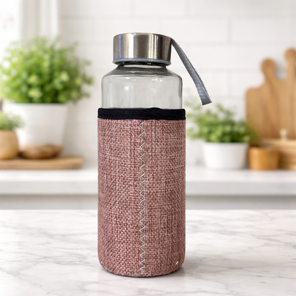 Glass Water Bottle with Fabric Sleeve & Astronaut Print | Reusable Drinking Bottle