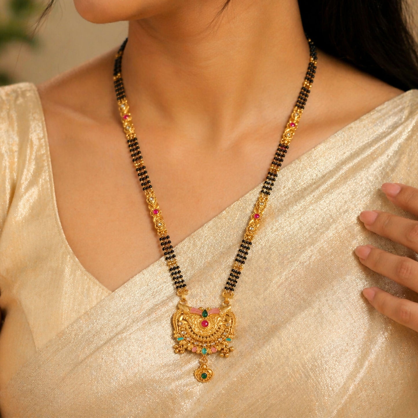 Crescent Wing Filigree Pendant with Pink Enamel Wings & Heart Locket Long Double Strand Mangalsutra