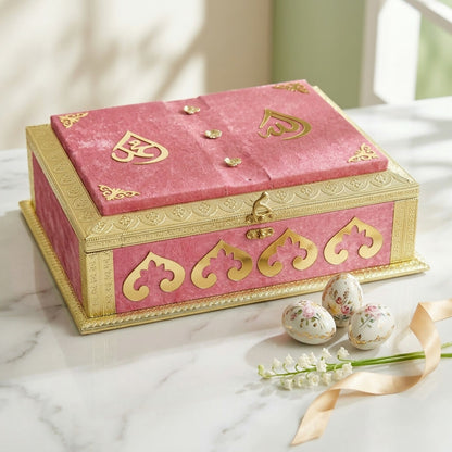 Luxury dusty pink velvet Quran box with golden calligraphy closed
