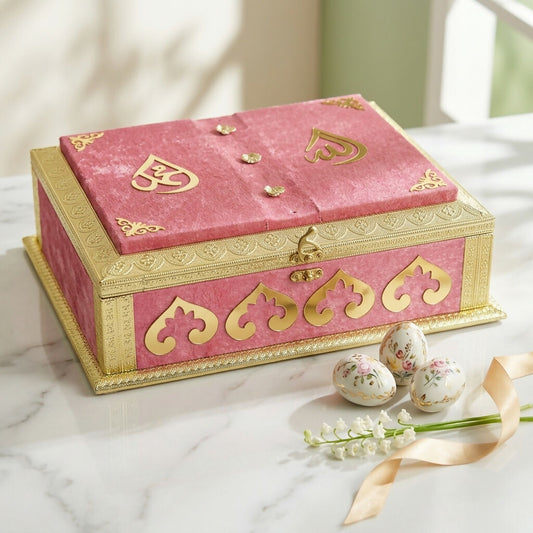 Luxury dusty pink velvet Quran box with golden calligraphy closed