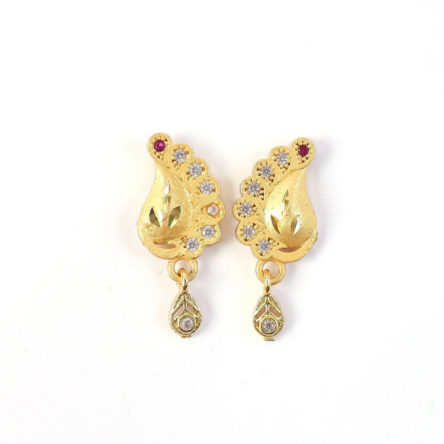 Peacock Inspired Gold Finish Earrings With Textured Motif And Stone Drop Accent