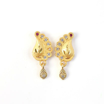 Peacock Inspired Gold Finish Earrings With Textured Motif And Stone Drop Accent