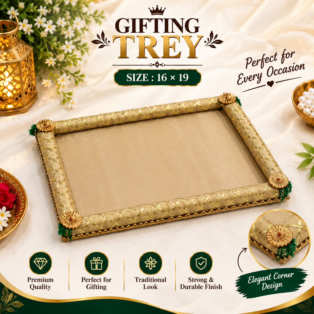 A beige fabric gift tray with a gold braided border and decorative green and gold corners, displayed on a white textured